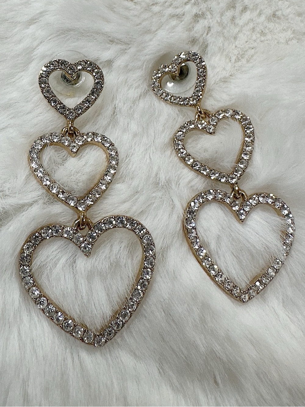 Ettika Triple Trouble Open Heart Crystal Earrings 18K Gold Plated 2.25"